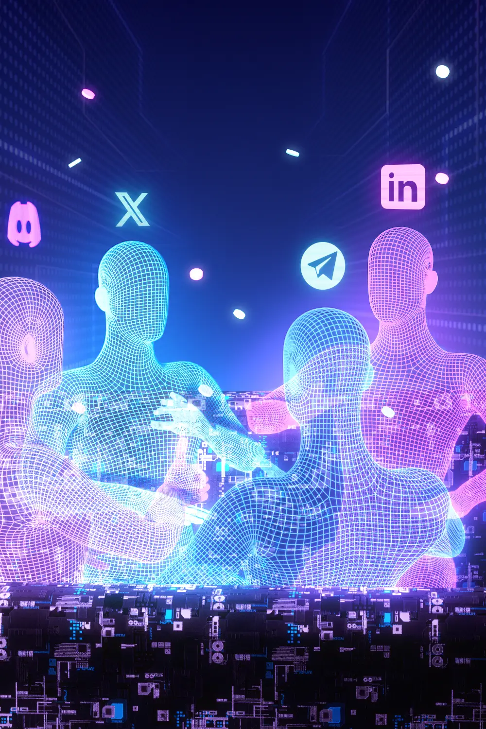 3d render of a group of people talking to eachother with disocrd twitter telegram and linkedin logos above their heads
